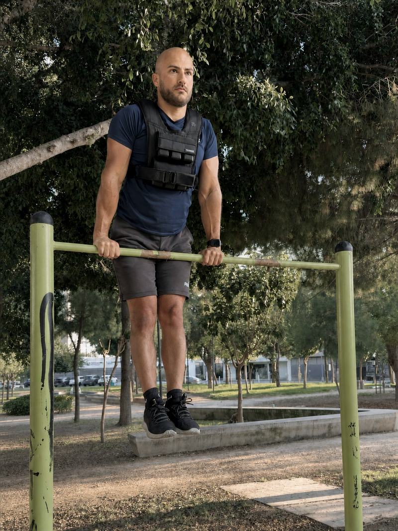 Ruben Veres holding the top position of a weighted muscle-up outdoors in Limassol
